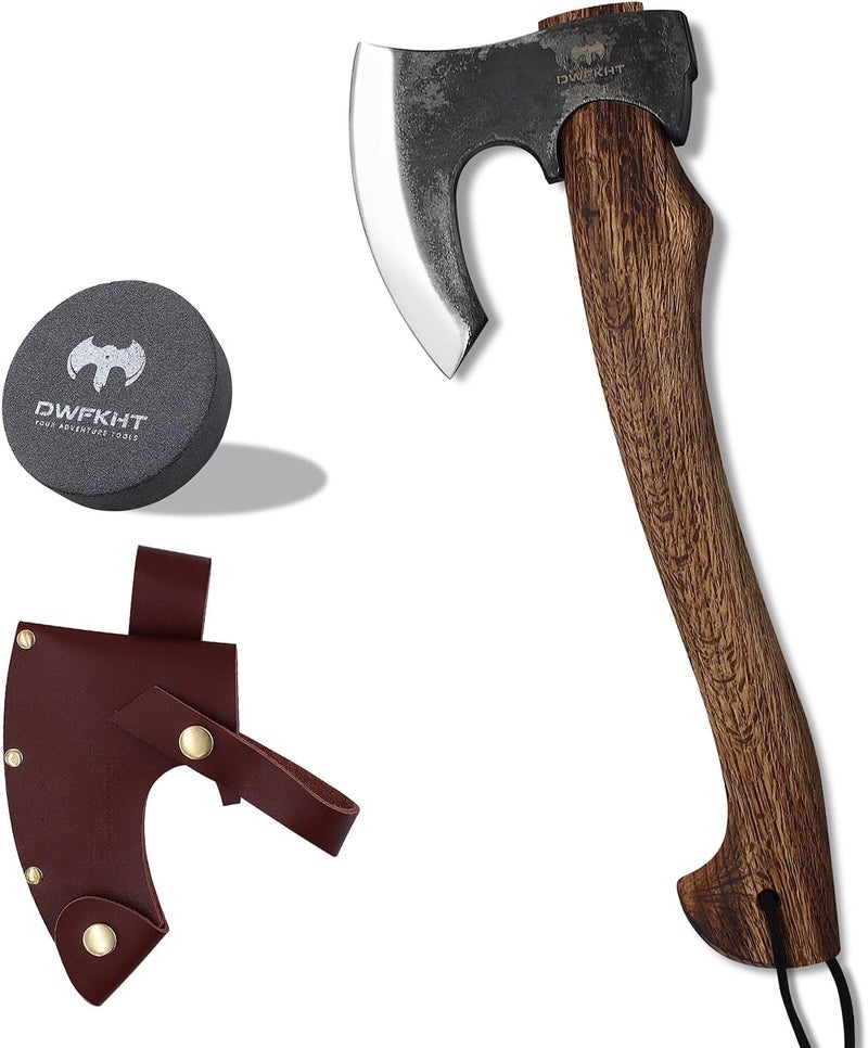 DWFKHT Hatchet, 15.7" Camping Axe with Leather Sheath, Bushcraft Axe with 1065 Carbon Steel & Beech Handle, Survival Hatchet for Wood Splitting and Chopping - Perfect for Gardening and Outdoor - Image 1